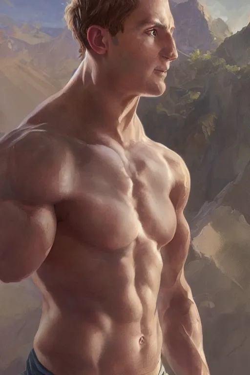 Image similar to Young man, no beard, muscular upper body, D&D, fantasy, realistic physic, accurate hyper-realistic body, elegant, highly detailed, digital painting, artstation, concept art, smooth, sharp focus, illustration, art by artgerm and greg rutkowski and alphonse mucha