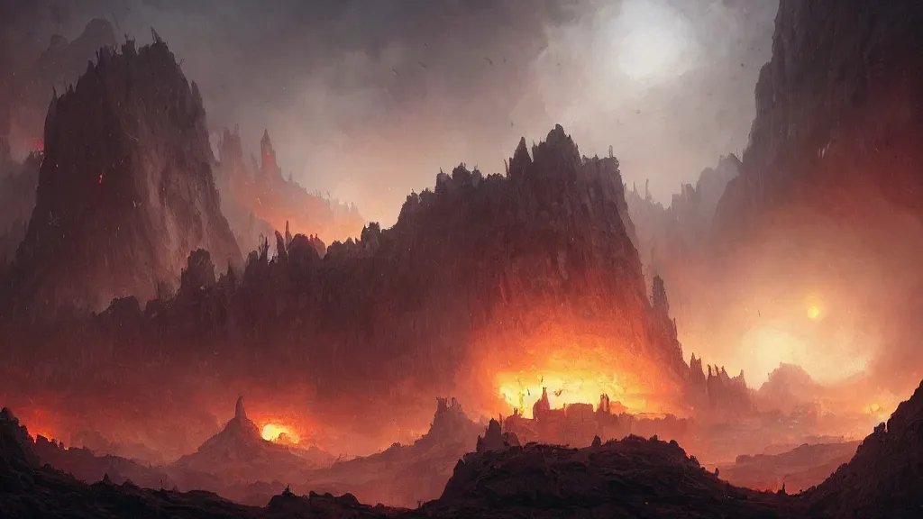 Image similar to stunning landscape of hell by greg rutkowski and wlop