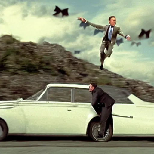 Prompt: man chased by a flying car, movie still of James bond