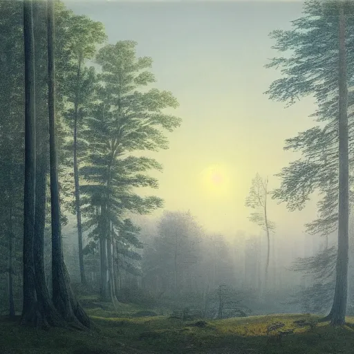 Prompt: A beautiful forest, with tall trees and soft leaves, blanketed in a thin layer of mist. The sun is setting, and the sky is a deep blue. In the distance, you can see a wooden airship sailing through the clouds, by Caspar David Friedrich, trending on artstation.