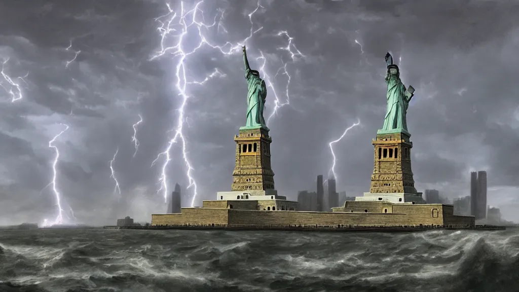 Image similar to cthulhu destroying statue of liberty, lightning, storms, volumetric lightning by eugene von guerard, ivan shishkin, dramatic lighting, concept art, trending on artstation, 8 k