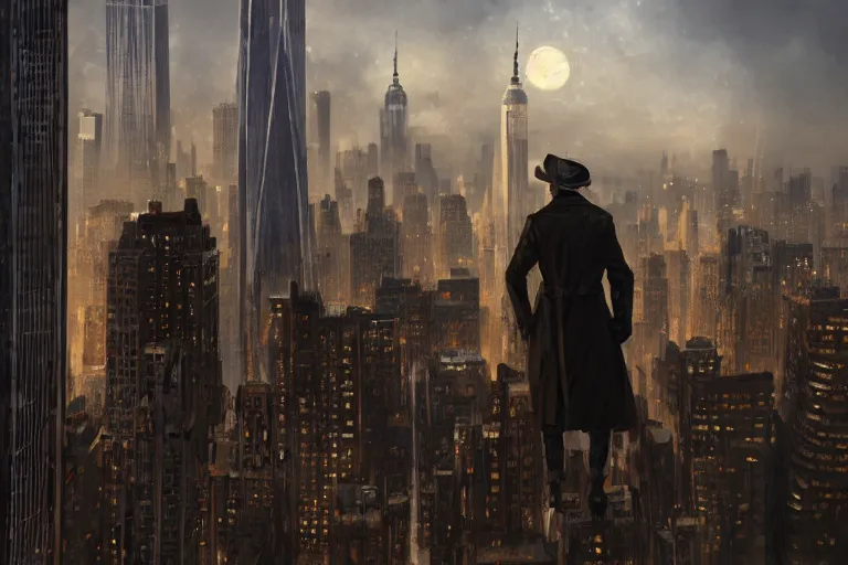 Prompt: stunningly mysterious, sniper wearing a trench coat on a perch facing the city at night, smooth, focus, highly detailed, hyper realistic, dramatic lighting, intricate, concept art, new york skyline, looking down, art by wlop, greg rutowski, artstation