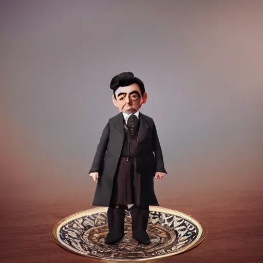 Image similar to A beautiful atmospheric photo of a beautiful Bjd doll of rowan atkinson as mr bean, wearing cute victorian costume, fantasy tea cup, intricate details, sharp focus, symmetrical composition, octane render, 8k, volumetric lighting