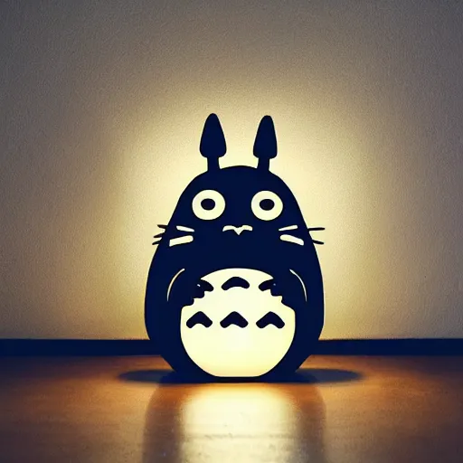 Prompt: a lamp sitting on a shelf in a dark room. the lamp is shaped like totoro. the room is dark. the lamp lights the room. comic books on shelf behind lamp