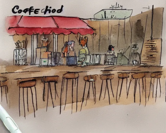 Prompt: a coffee shop smooth light color watercolor pen