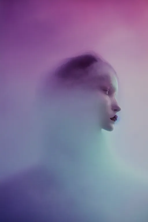 Image similar to high quality pastel coloured film close up wide angle photograph of a model wearing clothing resting on cloud furniture in a icelandic black rock!! environment in a partially haze filled dreamstate world. three point light, rainbow. photographic production. art directed. pastel colours. volumetric clouds. pastel gradient overlay. waves glitch artefacts. extreme facial clarity. 8 k. filmic.