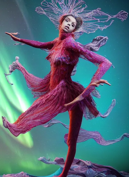 Image similar to hyper detailed 3d render like a Oil painting - very coherent Aurora profile (a beautiful fae princess protective playful expressive acrobatic from dark crystal that looks like Anya Taylor-Joy) seen red carpet photoshoot in UVIVF posing in scaly dress to Eat of the Strangling network of yellowcake aerochrome and milky Fruit and His delicate Hands hold of gossamer polyp blossoms bring iridescent fungal flowers whose spores black the foolish stars by Jacek Yerka, Ilya Kuvshinov, Mariusz Lewandowski, Houdini algorithmic generative render, golen ratio, Abstract brush strokes, Masterpiece, Victor Nizovtsev and James Gilleard, Zdzislaw Beksinski, Mark Ryden, Wolfgang Lettl, hints of Yayoi Kasuma and Dr. Seuss, Grant Wood, octane render, 8k