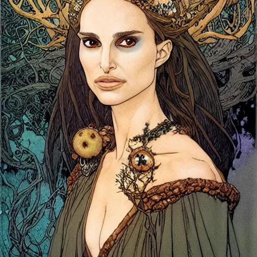 Prompt: a realistic and very beautiful and atmospheric portrait of natalie portman as a druidic wizard looking at the camera with an intelligent but seductive gaze by rebecca guay, michael kaluta, charles vess and jean moebius giraud