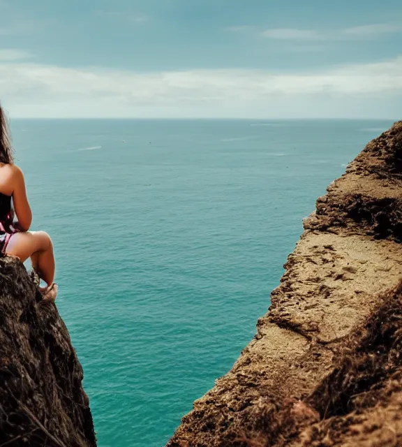 Image similar to a girl sitting on a cliff overlooking a beach