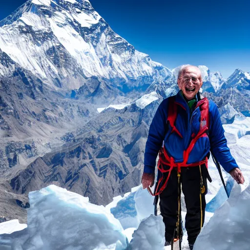 Image similar to elderly man on the summit of mount everest, smiling, happy, everest, mountain climbing, snow, cold, peak, summit, canon eos r 3, f / 1. 4, iso 2 0 0, 1 / 1 6 0 s, 8 k, raw, unedited, symmetrical balance, wide angle