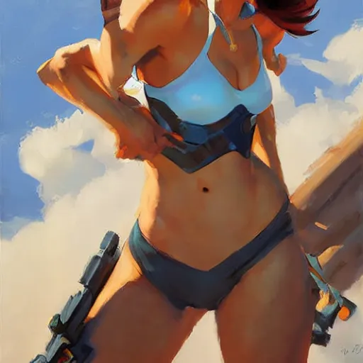 Image similar to greg manchess splashart painting of overwatch's tracer in a bikini, overwatch art team