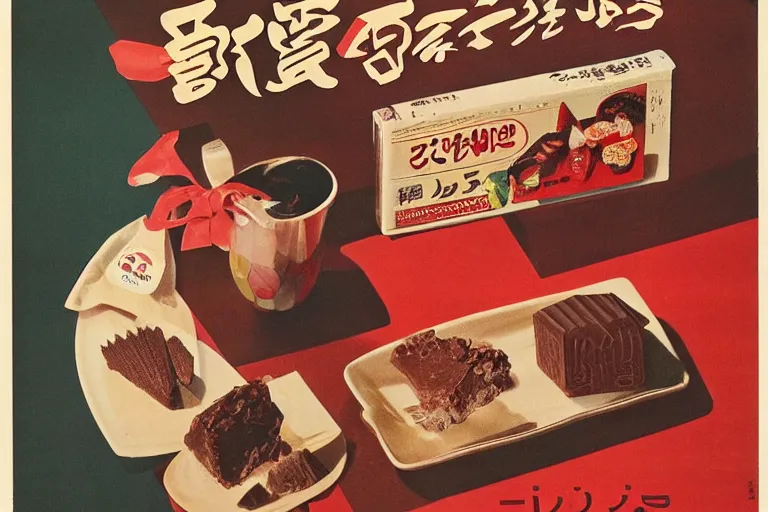 Prompt: chocolate advertisment, still life, 1 9 7 0 s japan shouwa advertisement, print, nostalgic