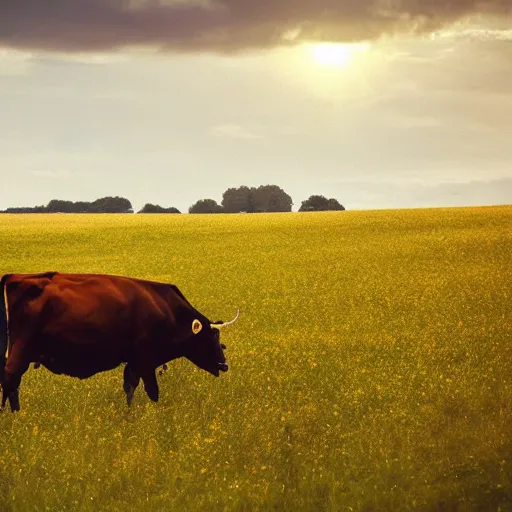 Image similar to photo of a cow in a field golden jour