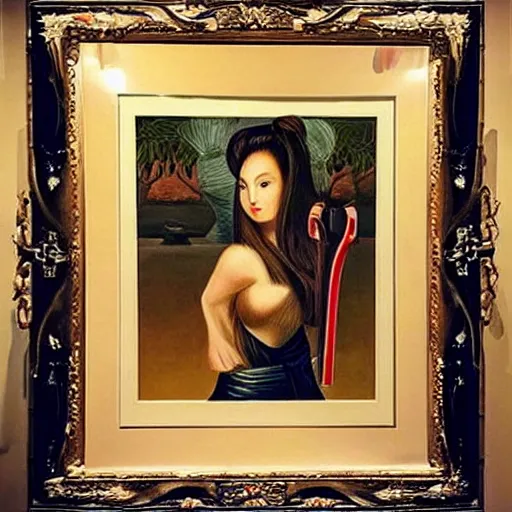 Image similar to “ she warrior with brunette long hair with a katana sword wearing red long boots painting with the style of botero ”