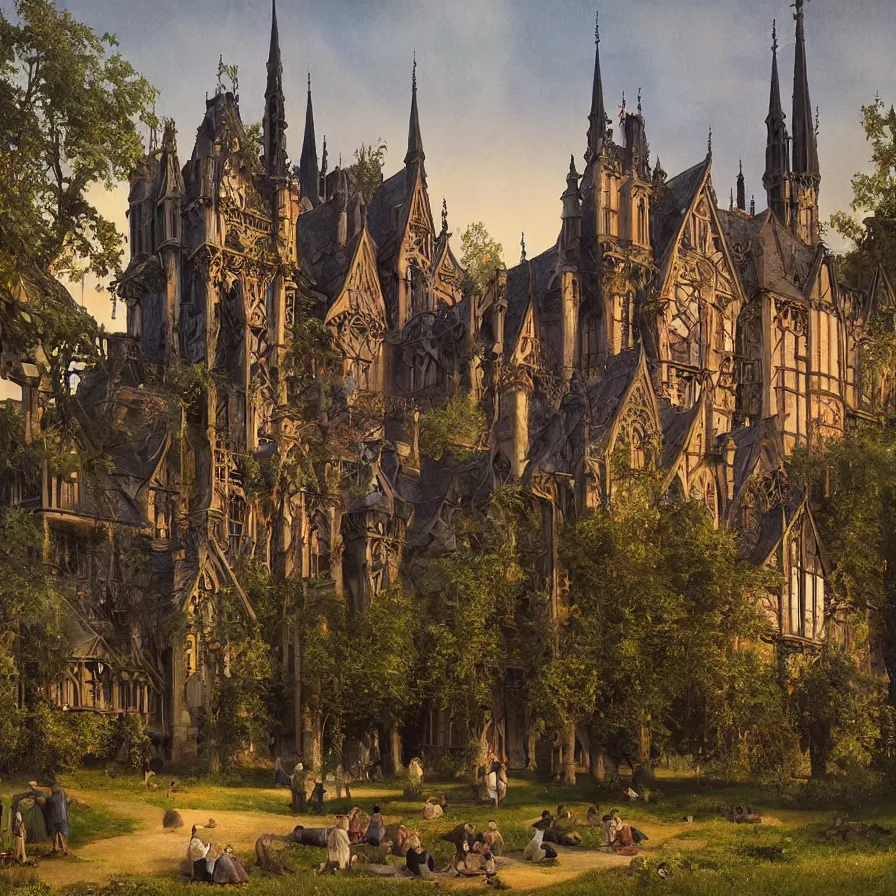 Prompt: a tudor style village in the shadows of an enormous Gothic Revival architecture castle in a lovely meadow at dusk, art nouveau matte painting, highly detailed