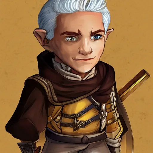 Image similar to Male Halfling with white hair, light brown skin and golden eyes character art, D&D, high detail