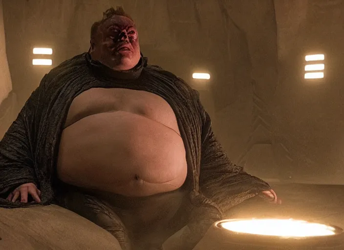 Image similar to elon musk as baron harkonnen in a black oil bath, Dune, Denis Villeneuve, film look