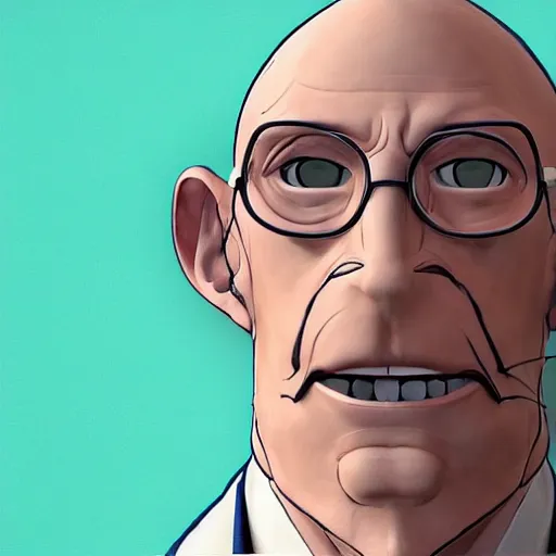 Image similar to A middle-aged Dr. Venture in real life with a hooked nose, a long gaunt face and skinny body and neck, very thin and bald, realistic, very realistic, hyperrealistic, highly detailed, very detailed, extremely detailed, detailed, digital art, oil painting, trending on artstation, headshot and bodyshot, detailed face, very detailed face, extremely detailed face, HD Quality, 8k resolution, very very detailed face, real life