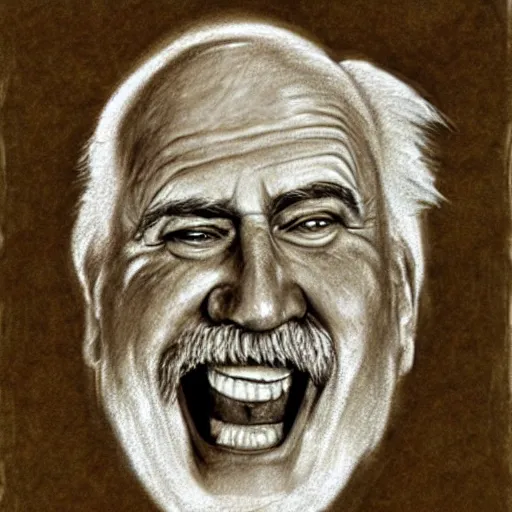 Image similar to ernest hemmingway laughing, demented, scary pencil sketch