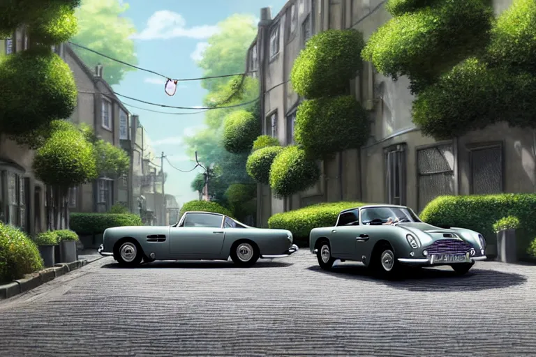 Prompt: a wholesome animation key shot of one short - wheelbase aston martin db 5, in a rich london mews residential street, miniature, waist height, medium range, studio ghibli, ( pixar ) and disney animation, sharp, very detailed, unreal engine 5 render, bloom, high resolution, anime key art by greg rutkowski