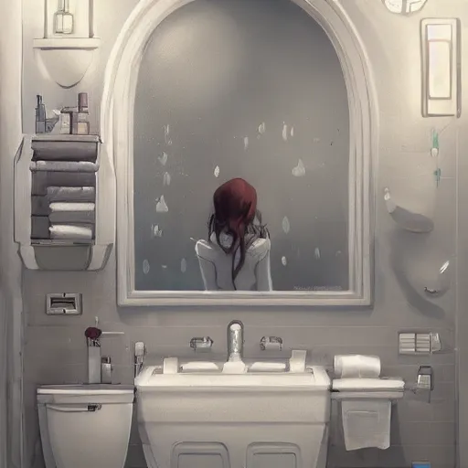 Prompt: bathroom design archi-viz, by Stanley Artgerm Lau, WLOP, Rossdraws, James Jean, Andrei Riabovitchevy, Marc Simonetti, and Sakimichan, trending on artstation