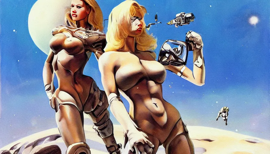 Image similar to A mixed media portrait painting of a beautiful blonde brunette woman exploring an alien planet, very curvy, aesthetic! high-waisted white-bikini-armor and boots, holding raygun, aesthetic symmetrical face and eyes, model, Scandinavian, wet, discarded mechsuit in background, by Frank Frazetta, Boris Vallejo, Beeple, Greg Rutkowski, Christian MacNevin, eighties-pinup style, epic fantasy character art, high fantasy, CGsociety, exquisite detail, post-processing, masterpiece, cinematic