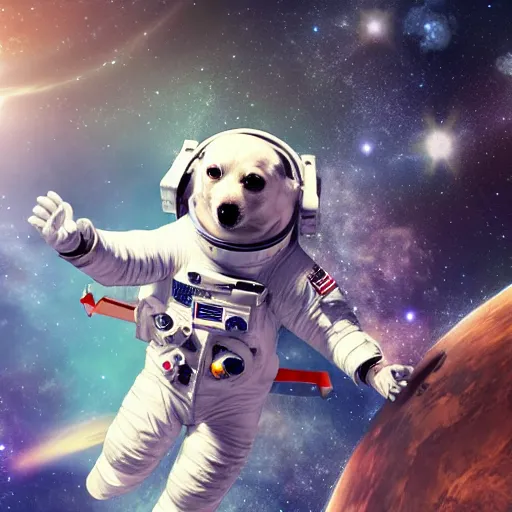 Prompt: astronaut dog floating in space connected to a space station with stars and asteroids in the background, high resolution, photorealistic, photo, 8k