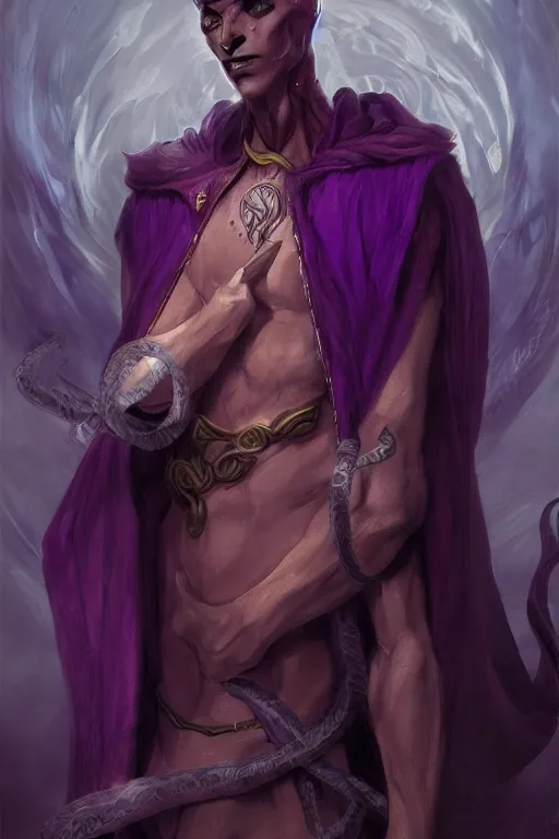 Prompt: djinn man male demon, warlock, portrait, concept art, purple cloak, single face, illustration, costume design, white spiral horns, editorial photo, fashion, hyperrealism, realism, trending on artstation, Charlie Bowater, WLOP