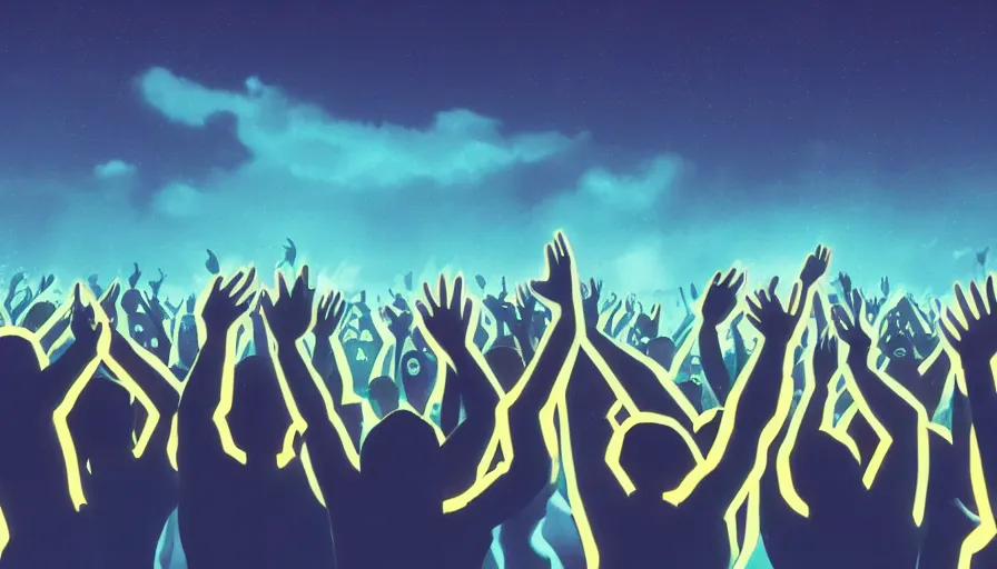 Image similar to digital art of a panicked crowd pointing!! towards a glowing sky, raising their arms, volumetric lighting, nasty, hyperdetailed, realistic