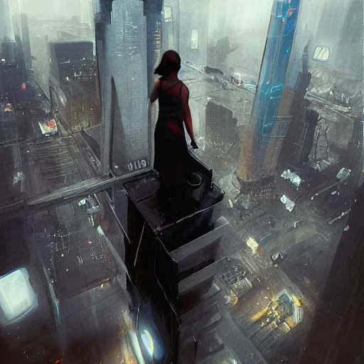 Prompt: “ a girl standing on a ledge looking down at a futuristic new york city below, ghostpunk, storm clouds, very detailed, by craig mullins ”