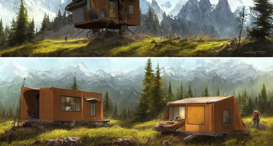 Image similar to cabela's beautiful comfortable carbon framed, military grade, modular insulated wall portable container home kit - house all weather family dwelling tent house, person in foreground, mountainous forested wilderness open fields, beautiful views, painterly concept art, environmental concept art, concept art illustration, by james gurney, by craig mullins, by greg rutkowski trending on artstation