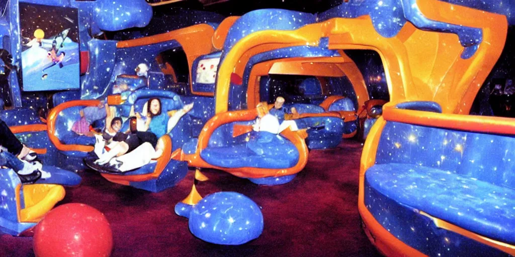 Prompt: 1990s photo of inside the Space Sofa ride at Universal Studios in Orlando, Florida, riding the flying sofa through space , cinematic, UHD