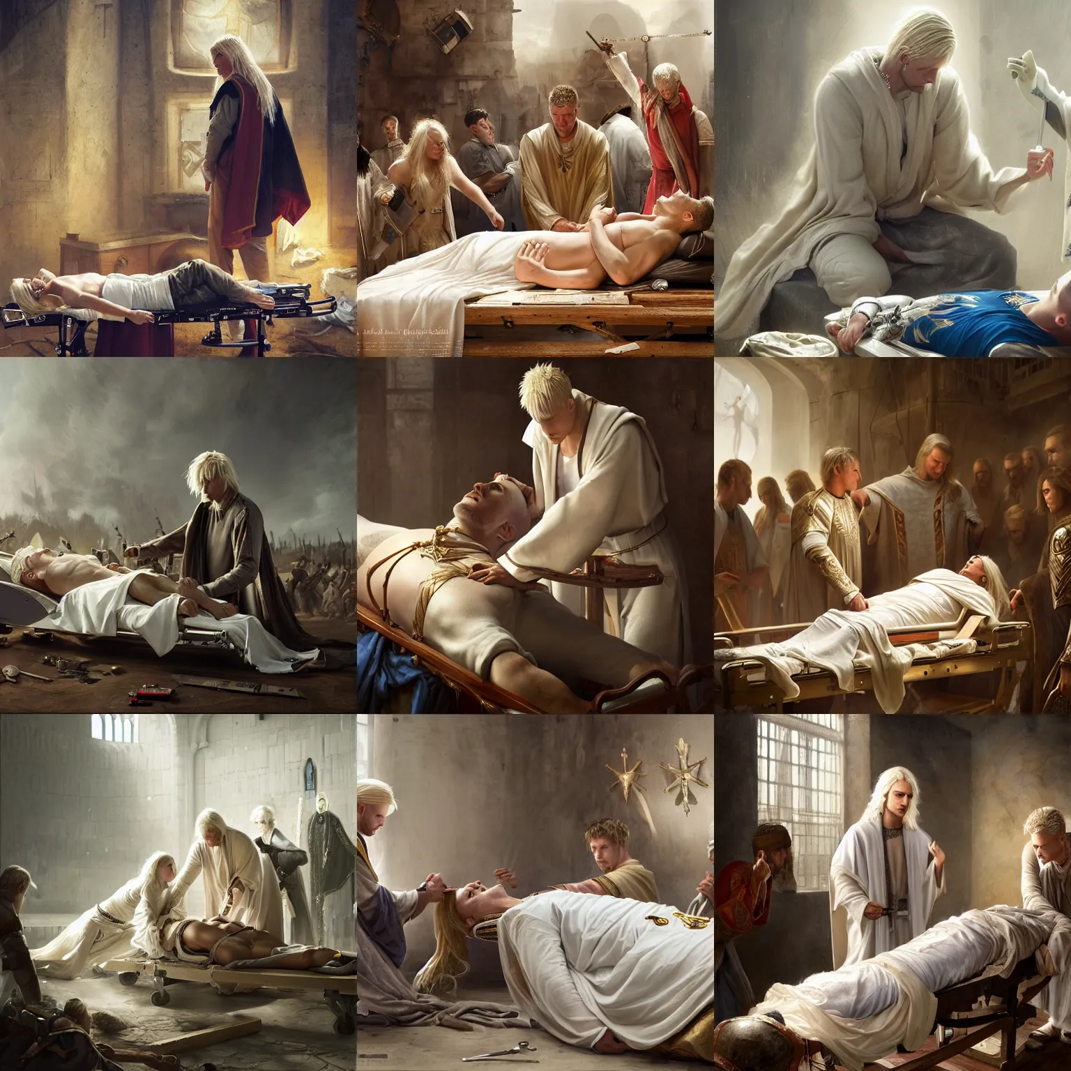 Prompt: portrait of an aasimar man with platinum blonde hair wearing white and gold vestments under armor healing a wounded soldier on a stretcher with holy magic in war camp, detailed, realistic, Greg Rutkowski, 4k, pensive