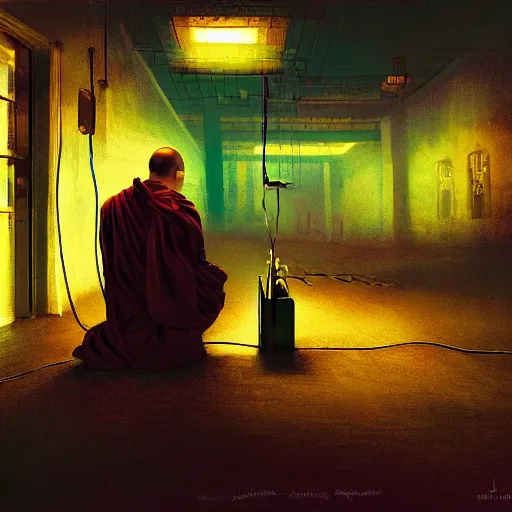 Image similar to A single monk kneeling with wires connecting him to a computer, Machines and wires everywhere, neon lights, creepy, dark shadowy surroundings, dystopian scifi, horror, Stefan Koidl inspired