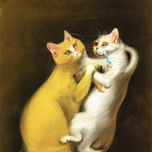 Image similar to two yellow cats hug each other ， rococo, 1 7 3 0, late baroque, antoine watteau