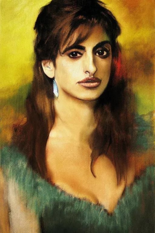 Image similar to oil painting, portrait of penelope cruz, artwork by edgar degas