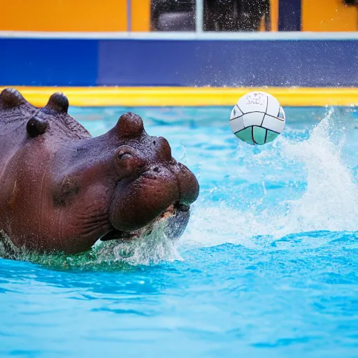 Image similar to a water polo player riding a hippopotamus. sports photograph.