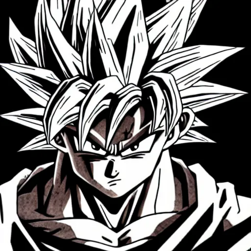 Prompt: Goku Portrait, ultra wide angle, B/W Manga, metal gear ilustration style, watercolor effect, beautiful scene, Poster style, Very Epic, highly detailed, Trend on artstation, Digital 2D