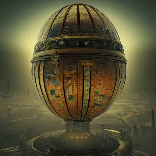 Image similar to enormous flying city in a faberge egg, sky, steampunk, fantasy art, unreal engine,