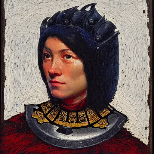 Prompt: head and shoulders portrait of a female knight, inuit, lorica segmentata, tonalist, baroque, symbolist, sfumato, chiaroscuro, luminous, detailed, ravens, hard lighting, engraving, bargello pattern, palette knife, prussian blue and venetian red, oil glazing