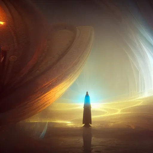 Image similar to within a flower the whole and finite capsule apparent with awe the apparition, an idea seep's into infinity highly detailed in volumetric latent space, golden turquoise steampunk, high contrast cinematic light, mystical shadows, sharp focus, divine realm of gods, octane render, artist by greg rutkowski,