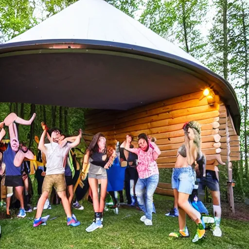 Image similar to group of friends raving outside a woodland cabin, big speaker stack, club lighting