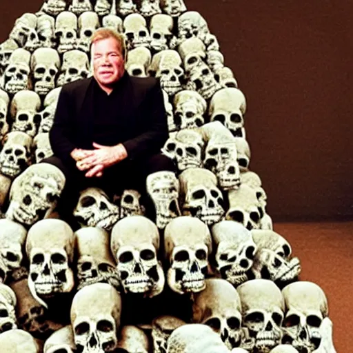 Image similar to William Shatner sitting on a throne made of human skulls