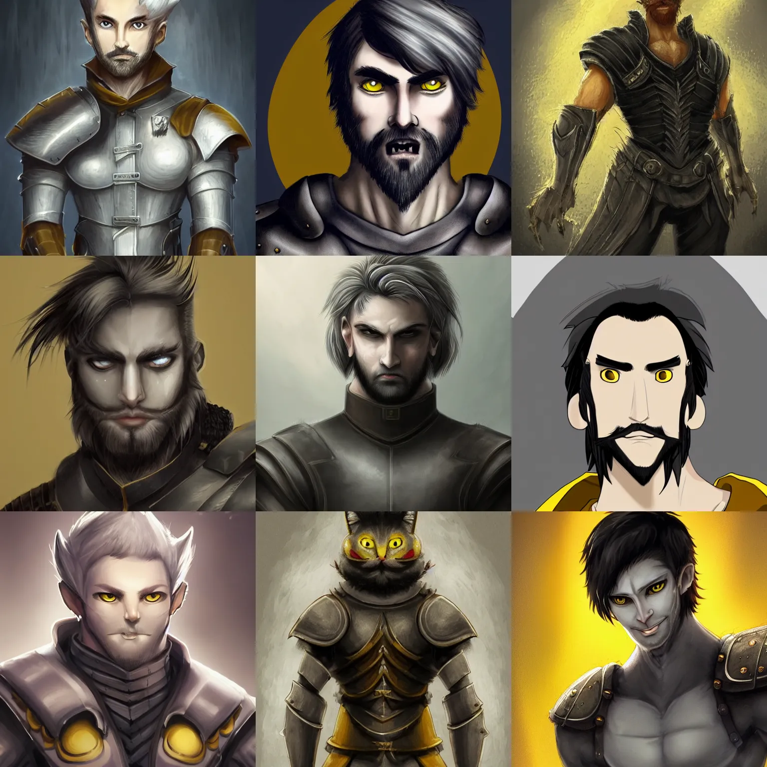 Prompt: Photo of the character with pale ash-colored skin, yellow cat-eyes with vertical pupils, black thick hair with a touch of gray to the shoulders, with neat stubble, similar to a small beard and with a strong build. He wore a plain old shirt, with a light leather armor, male, elegant, digital fantasy art, hands straight down, insane, under light, full body, at late evening by greg rutkowski and thomas kinkade, Trending on artstation