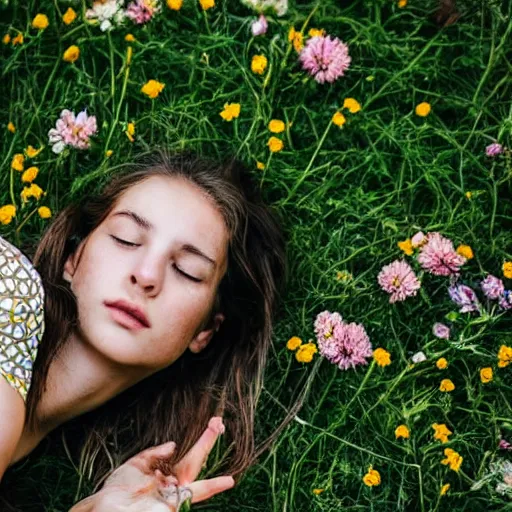 Image similar to girl laying down in the lawn full of flowers that smells like honey amongst forest with her soul connected to the nature around her