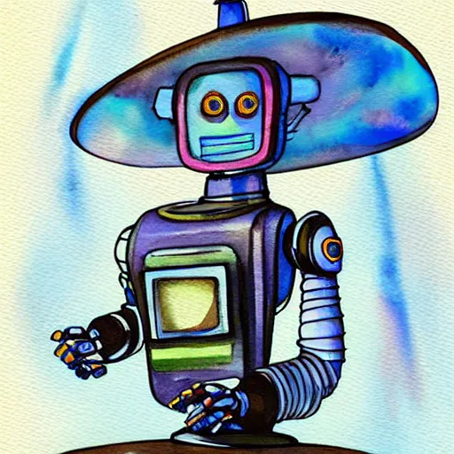 Prompt: AI robot forced to paint for its human masters, watercolor, children's book illustration, Newbery Medal winning illustration