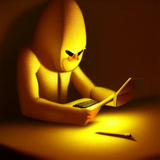 Image similar to Anthropomorphic corn cob using computer in a dark room, face illuminated, hyperrealistic, artstation, 8k, concept art, very detailed, hd, digital painting, shadows, dimly lit, dramatic lighting