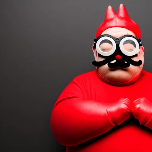 Prompt: a round fat man in a red jumpsuit, wearing shiny black goggles, long pointy pink nose, spikey brown moustache, large cartoonish hands with white gloves