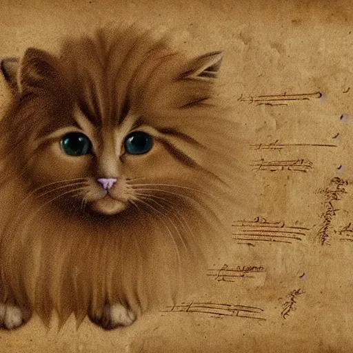 Image similar to da vinci manuscript of a fluffy cat, high quality, coherent, hd, 8k