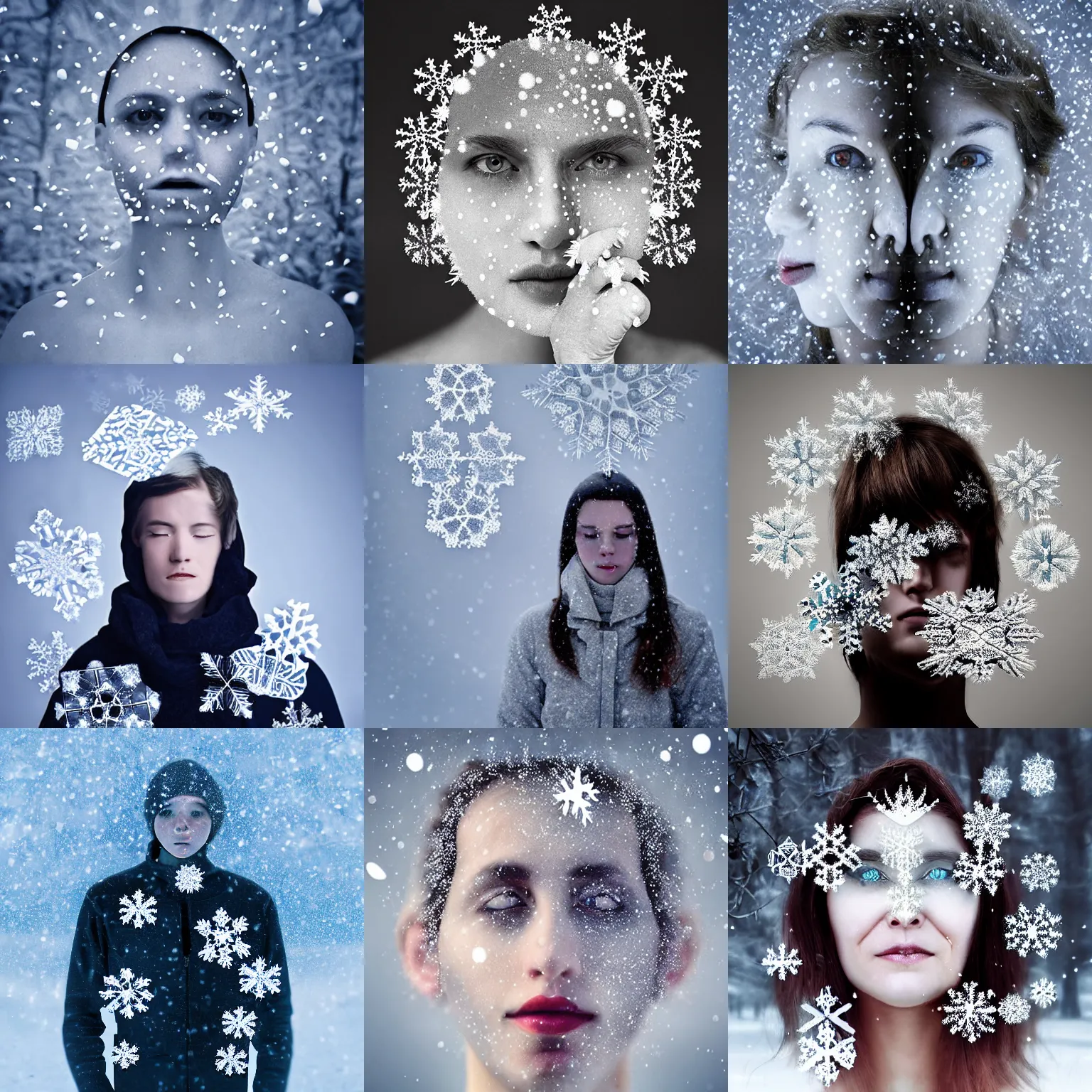 Prompt: surreal photography snowflakes with human visage
